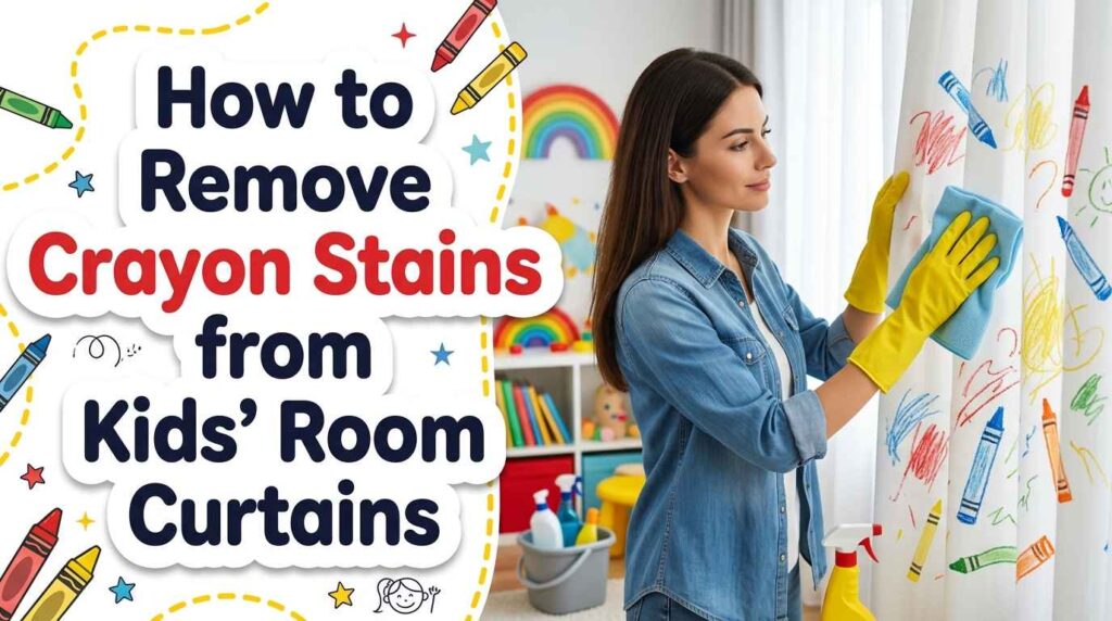 Woman wiping colorful crayon marks from children’s room curtains with a cloth and cleaning supplies