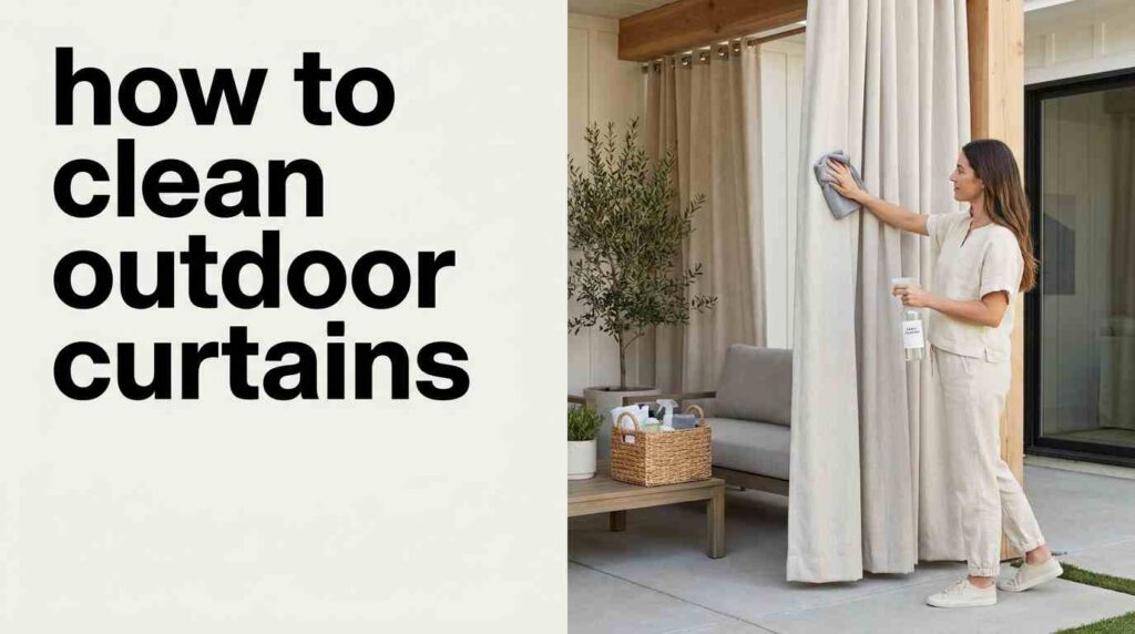 A woman wiping white patio curtains with a cloth and cleaning spray as part of an outdoor curtain care routine.