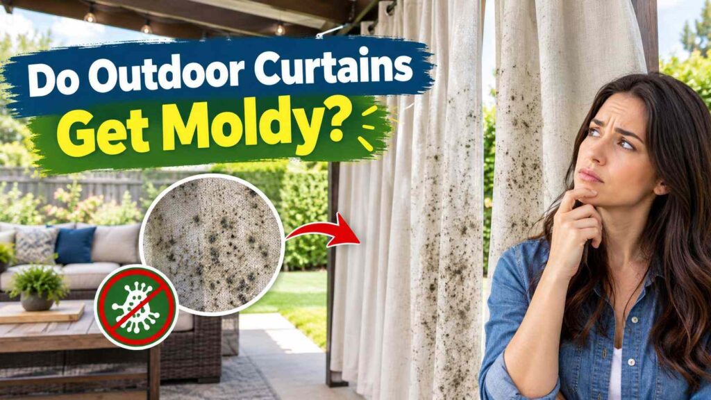 Do outdoor curtains get moldy with a woman inspecting mold on outdoor patio curtains