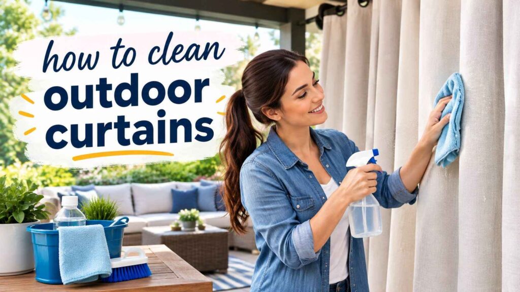A woman cleaning white outdoor curtains with a spray bottle and microfiber cloth on a covered patio, demonstrating how to clean outdoor curtains.