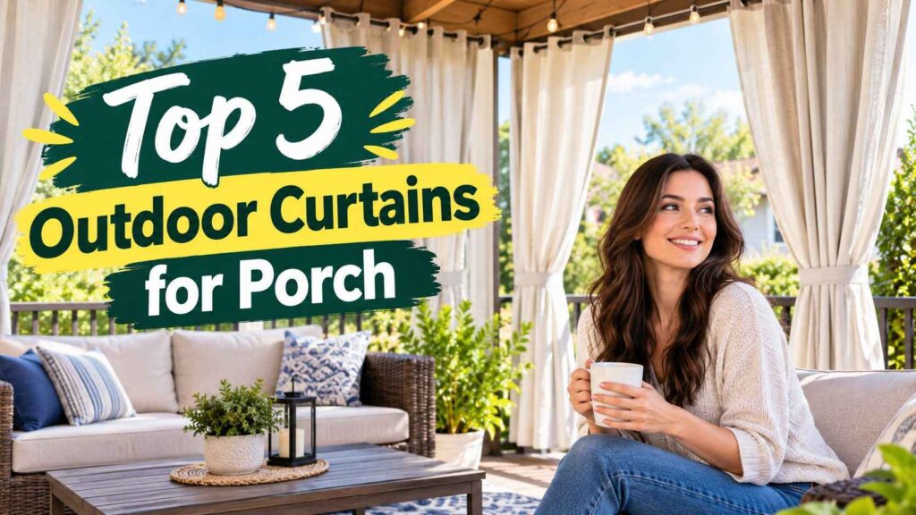 Woman relaxing on a cozy porch with outdoor curtains for the porch surrounding the seating area