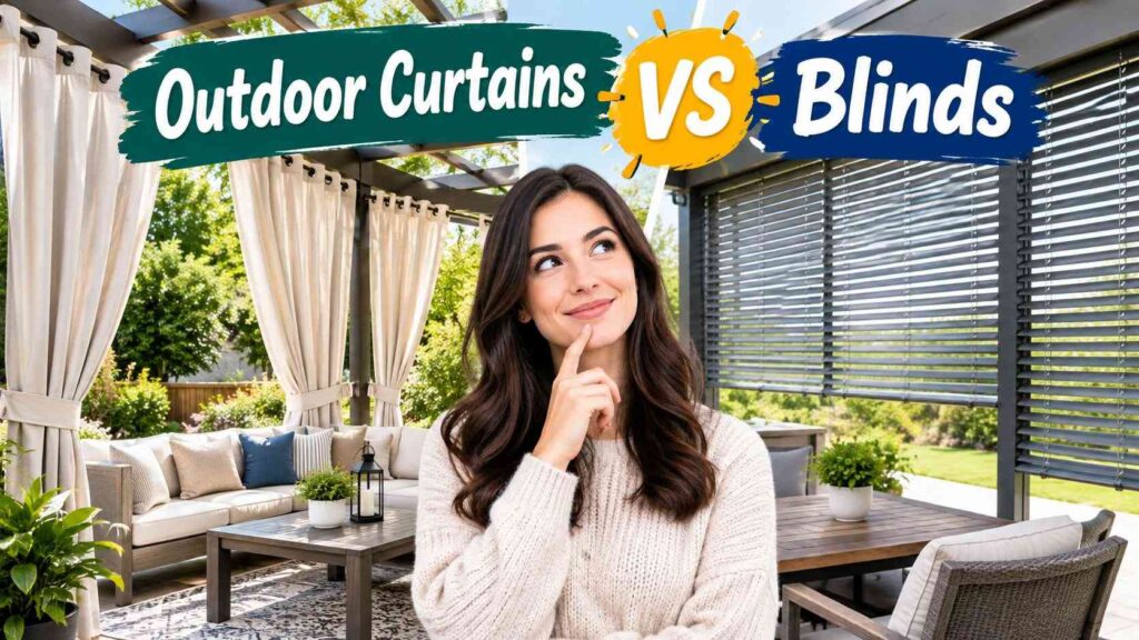 Outdoor curtains vs blinds comparison on a stylish modern patio with a woman choosing between curtains and blinds