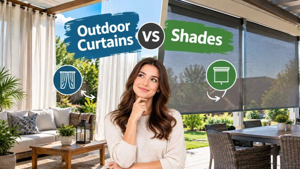 An outdoor curtains vs. shades comparison showing white patio curtains on the left and roller shades on the right, with a woman considering both options in a covered outdoor living space.