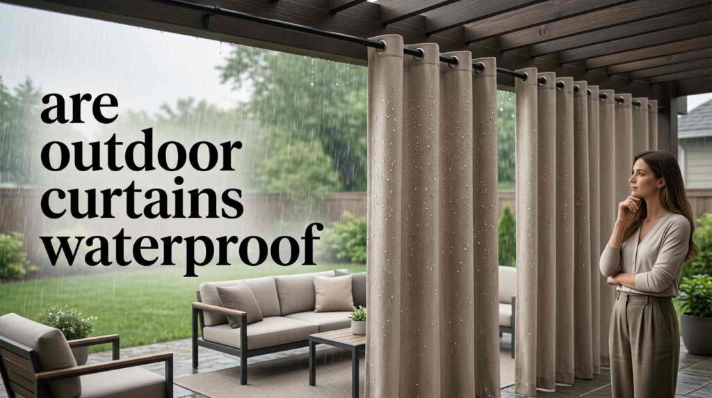 Water-resistant outdoor patio curtains hanging under a covered pergola during rainfall, with raindrops visible on the fabric and a woman observing the curtains.