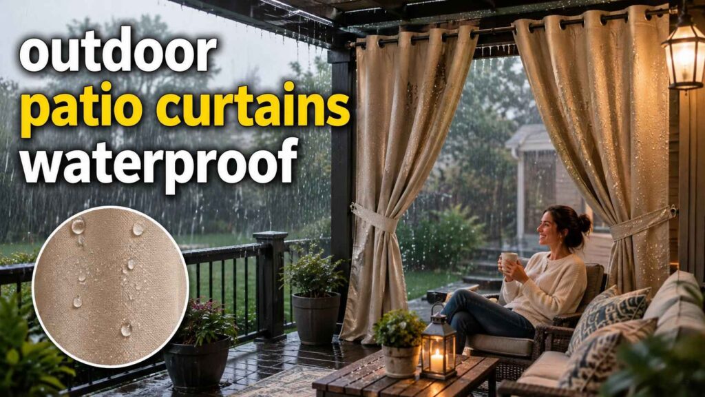 Outdoor patio curtains waterproof shown on a covered patio during heavy rain, with beige curtains, water droplets, patio furniture, potted plants, warm lantern lighting, and a woman relaxing with a cup.