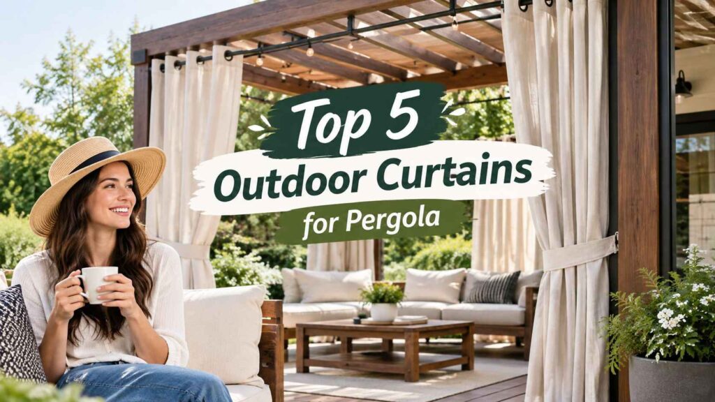 Woman relaxing in a stylish pergola patio with cream outdoor curtains for the pergola and comfortable seating