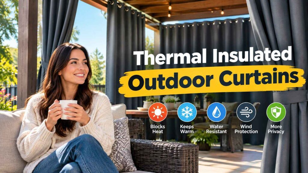 Woman relaxing on a covered patio with dark insulated outdoor curtains for thermal comfort and privacy