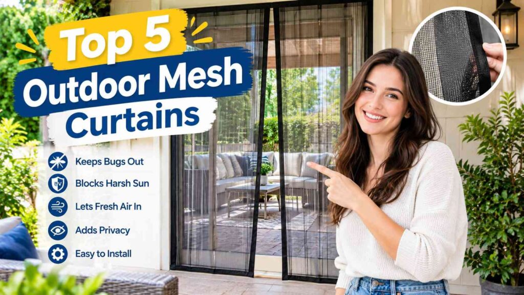 Woman pointing to black outdoor mesh curtains on a covered patio, highlighting bug protection, sun blocking, airflow, privacy, and easy installation.