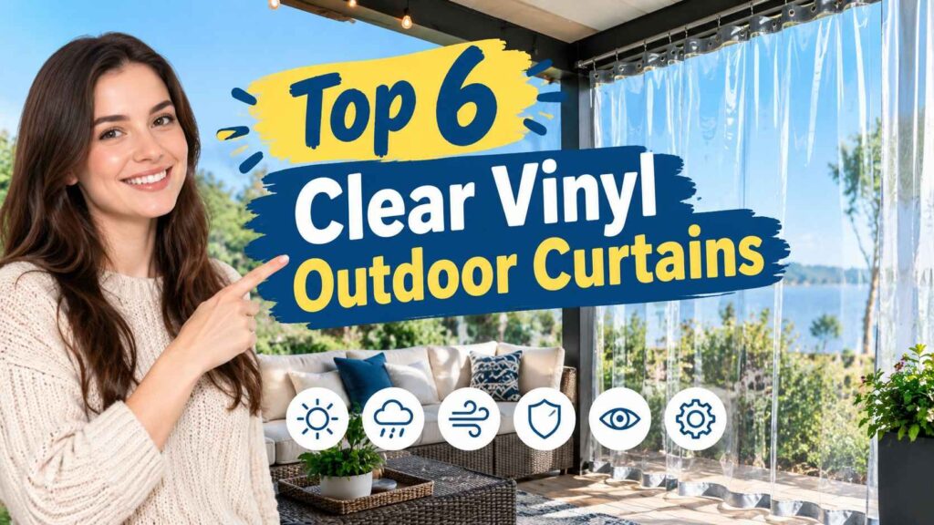 Woman pointing to clear vinyl outdoor curtains enclosing a bright patio