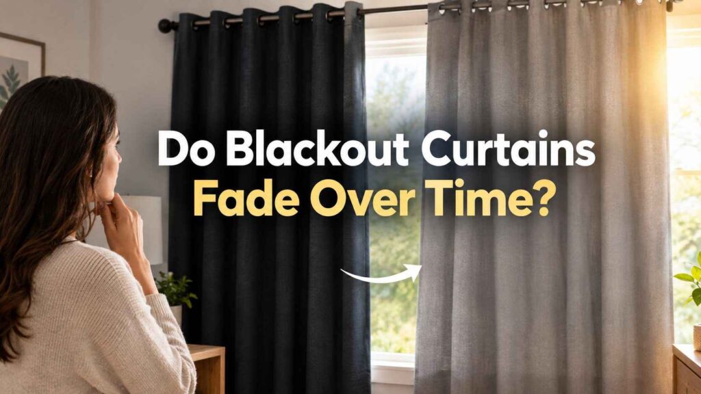 Woman comparing dark and faded blackout curtains near a sunny window to understand whether blackout curtains fade over time