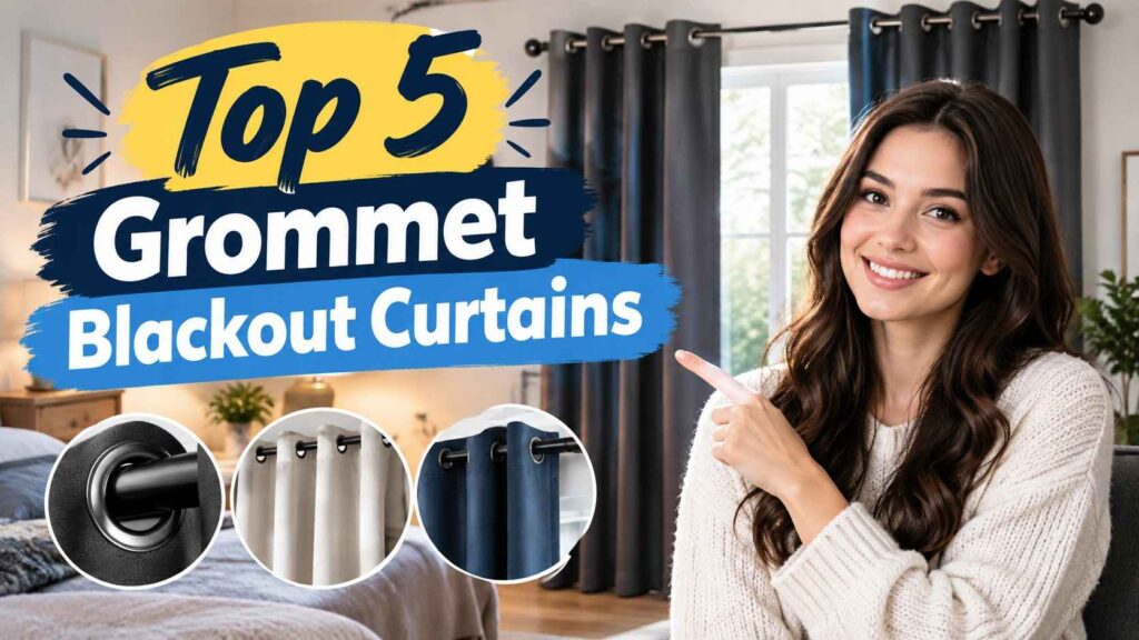 Top 5 grommet blackout curtains shown on a bedroom window with metal rings, plus close-ups of black, white, and navy panels