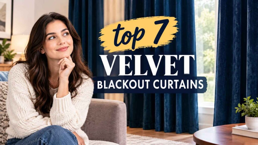 Woman relaxing in a living room with elegant navy velvet blackout curtains covering the windows