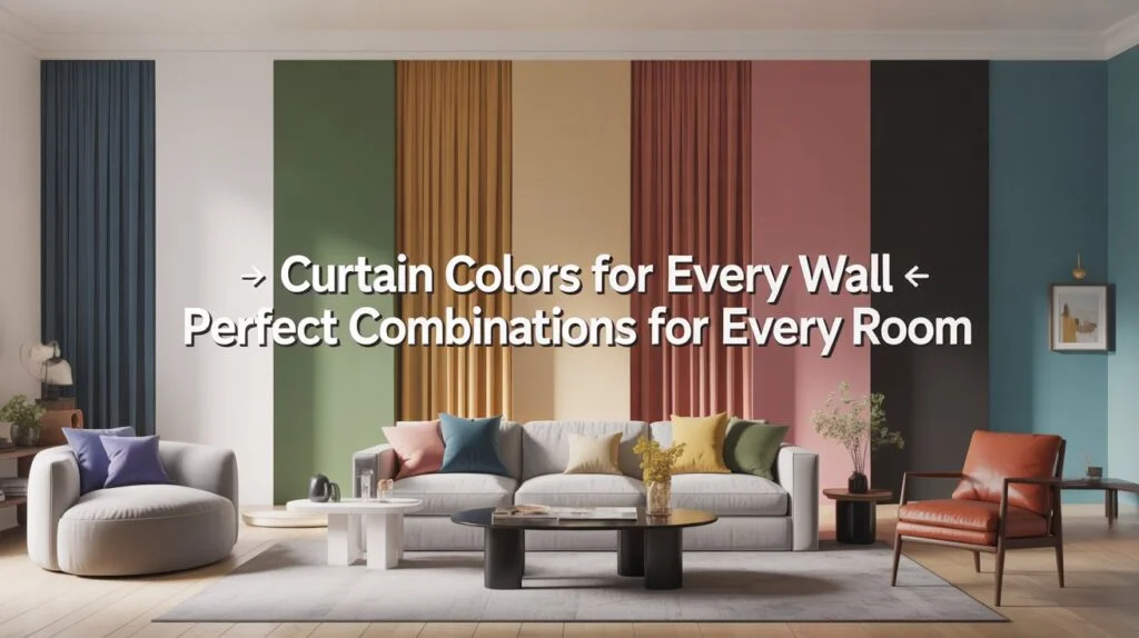 Best curtain and wall color combinations displayed in a modern living room with white, green, mustard, pink, black, and teal wall sections paired with matching curtains.