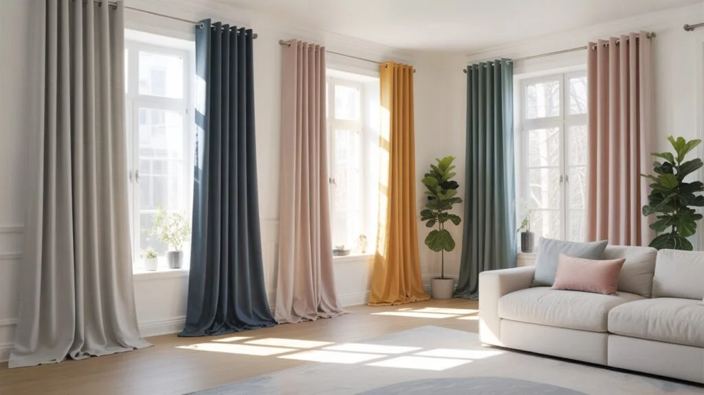 Colorful curtain ideas for white walls in a bright, modern living room with Scandinavian interior design.