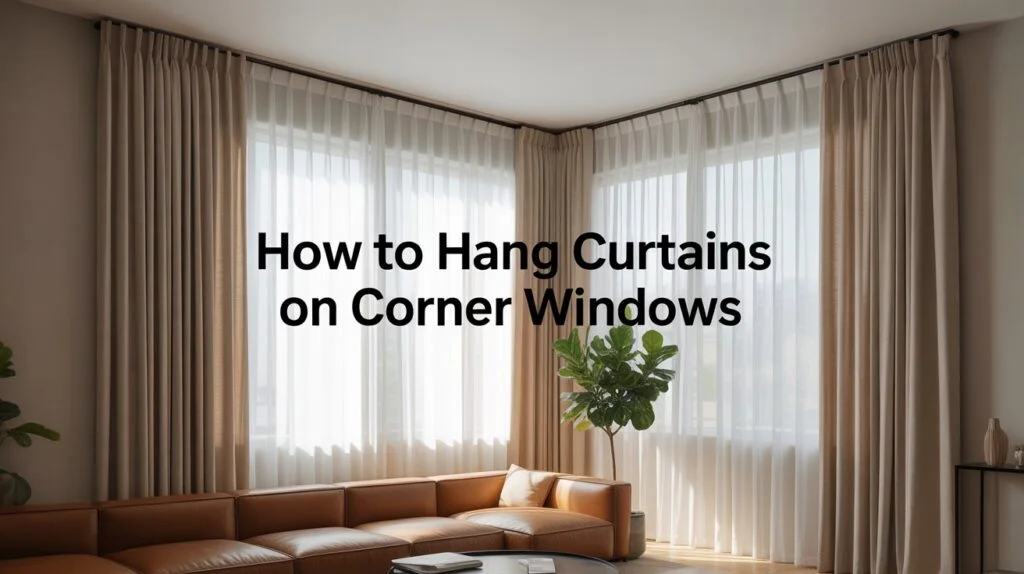 A cozy modern living room showcasing creative corner window curtain ideas with floor-length neutral drapes and seamless rod installation.