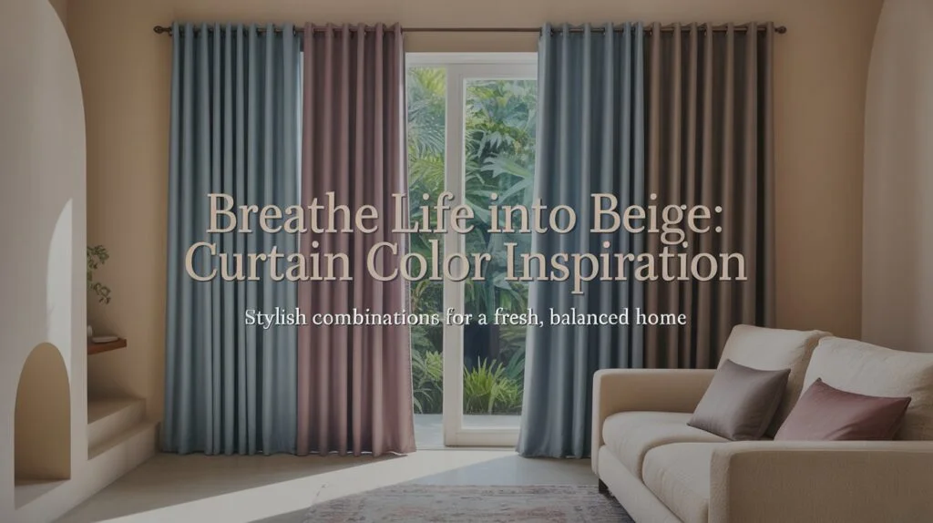 Modern living room with beige walls and a stylish combination of blue, mauve, and brown curtains—perfect curtain color ideas for beige walls.