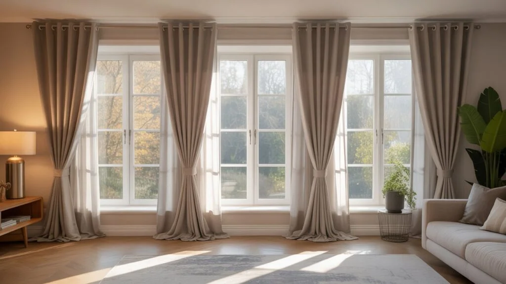 Floor-to-ceiling curtains in a modern living room with large windows and natural light