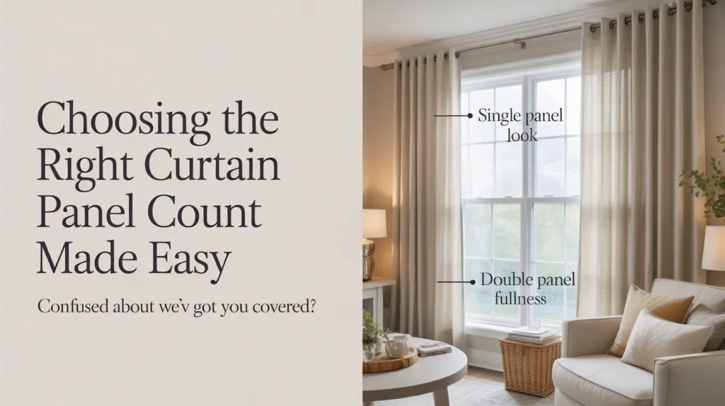 A living room window showing a side-by-side curtain fullness comparison, illustrating the difference between single-panel and double-panel setups to help answer how many curtain panels I need.