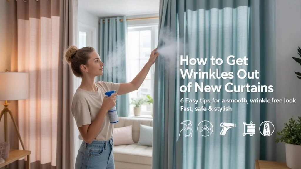 Woman using wrinkle release spray for curtains to show how to get wrinkles out of new curtains in a bright, stylish living room