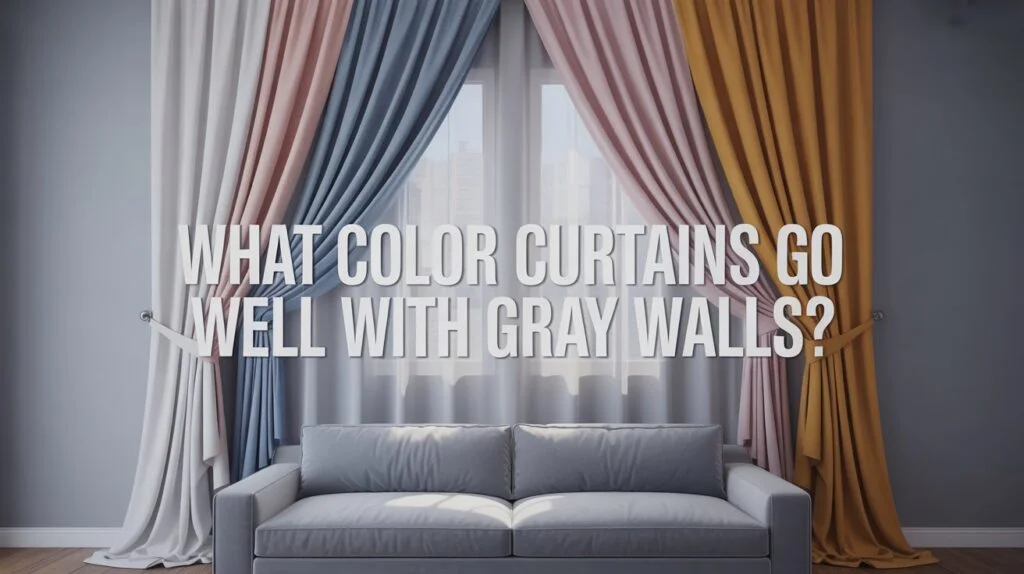 Minimalist living room with blush pink, navy blue, mustard yellow, and white curtains against gray walls—matching curtains for gray walls