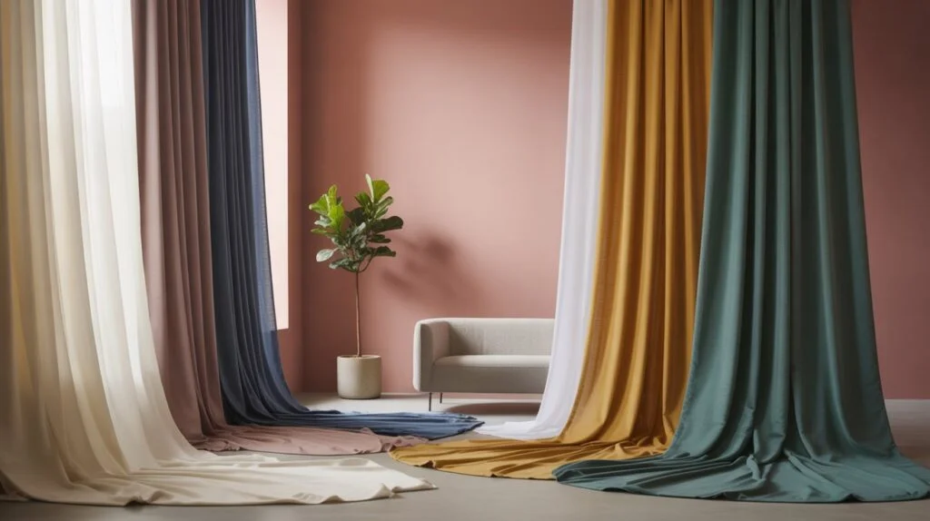 
Various stylish curtain panels in soft and bold colours hanging in a modern living room with a pink wall, indoor plant, and minimalist beige sofa.
