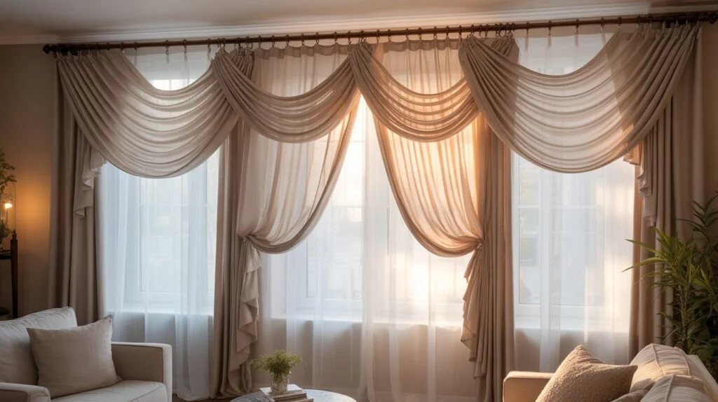 Elegant swag curtains draped over large living room windows, showcasing soft pleats and layered fabric.