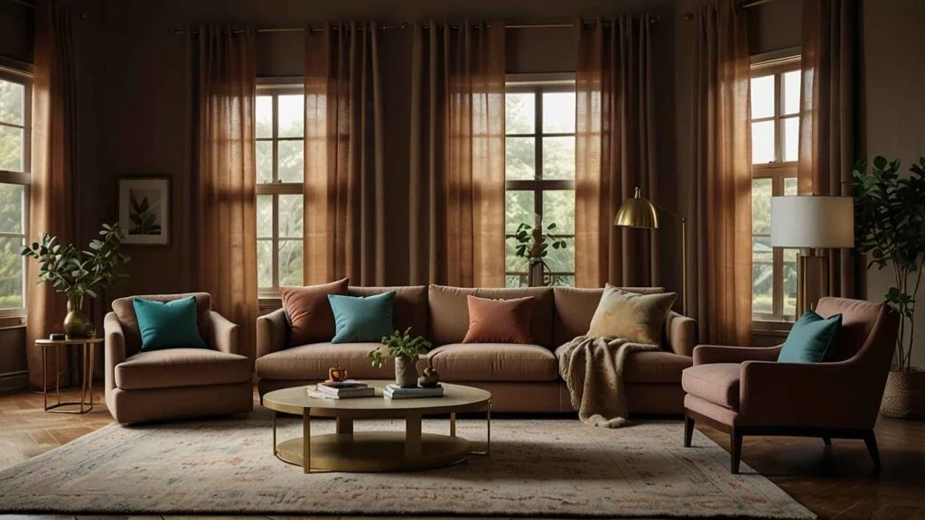 Modern living room showing the best curtain color that goes with brown walls, featuring floor-to-ceiling brown drapes, a neutral sofa, accent chairs, and colorful throw pillows.
