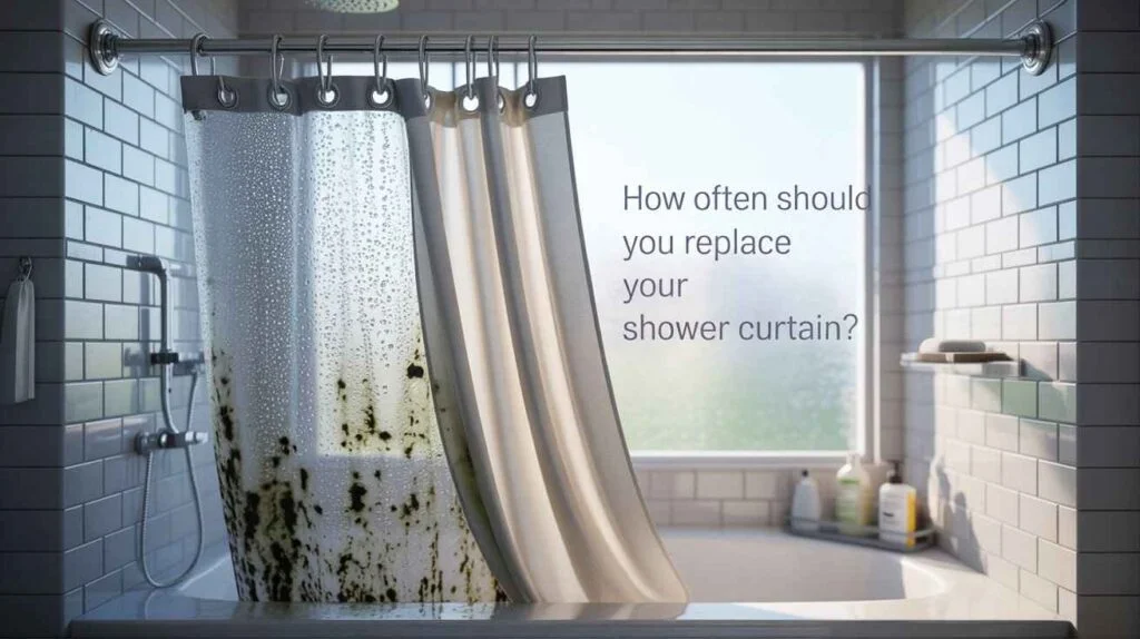 A bathroom bathtub area showing a heavily mouldy shower curtain beside a clean curtain, highlighting how often you should replace your shower curtain to avoid mould buildup and health risks.