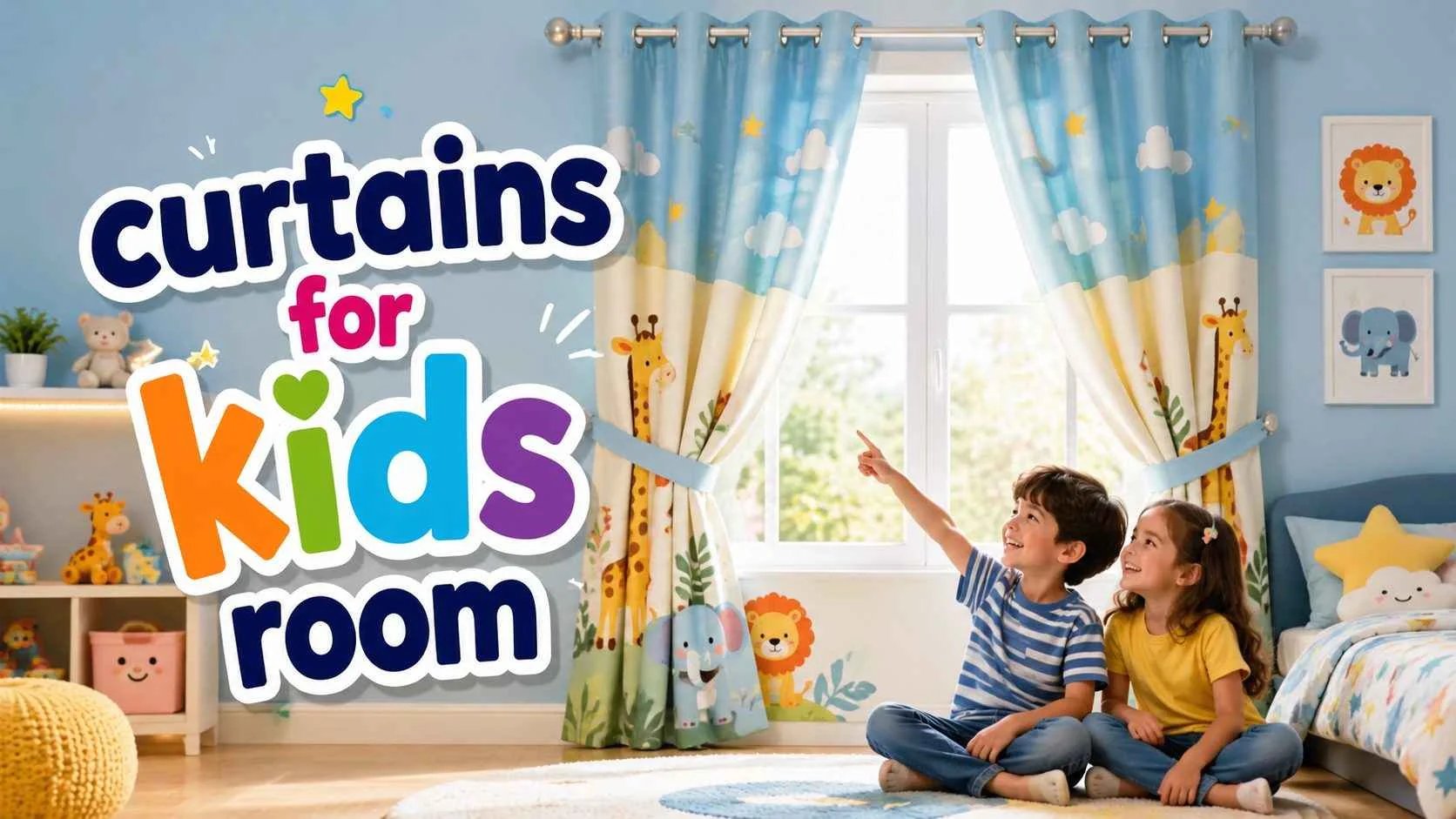 Colorful children's bedroom featuring animal-print window curtains, playful décor, and a bright, child-friendly space designed for comfort and fun.