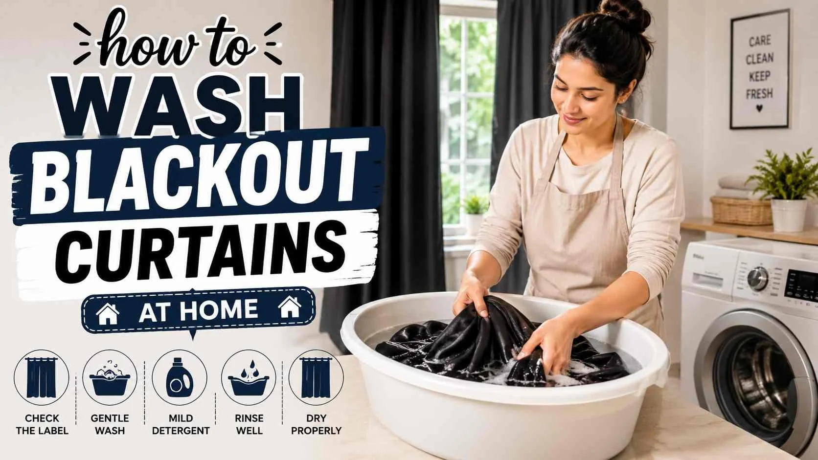 A woman is gently hand washing black thermal curtains in a large basin beside a washing machine in a bright laundry room, demonstrating the proper way to clean light-blocking window drapes at home using mild detergent and careful washing techniques.