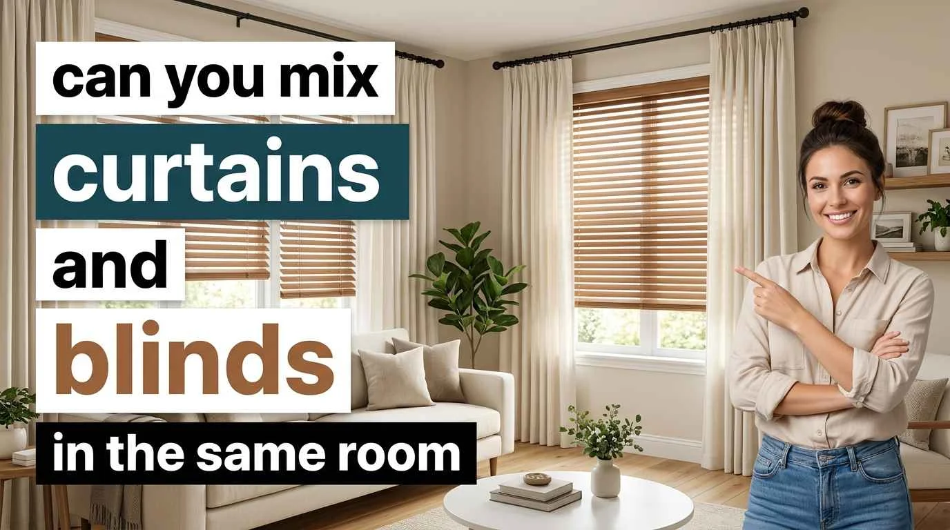 The modern living room showcases layered ivory curtains with faux wood blinds, while a smiling home décor expert points to the stylish window treatment combination, demonstrating how curtains and blinds can be paired for better light control, privacy, and an elegant interior design.
