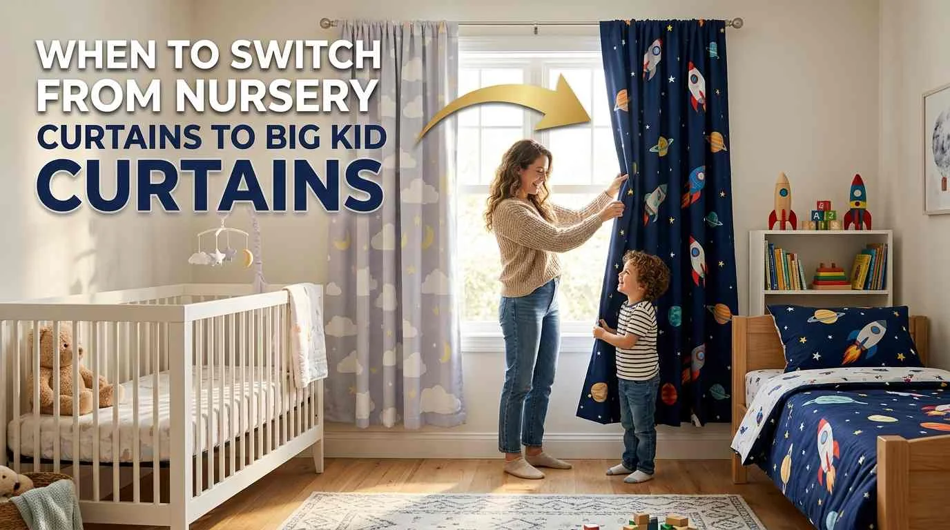 Mother replacing nursery window curtains with space-themed bedroom curtains for her growing child, showing the ideal time to upgrade from a baby nursery to a kid-friendly room.