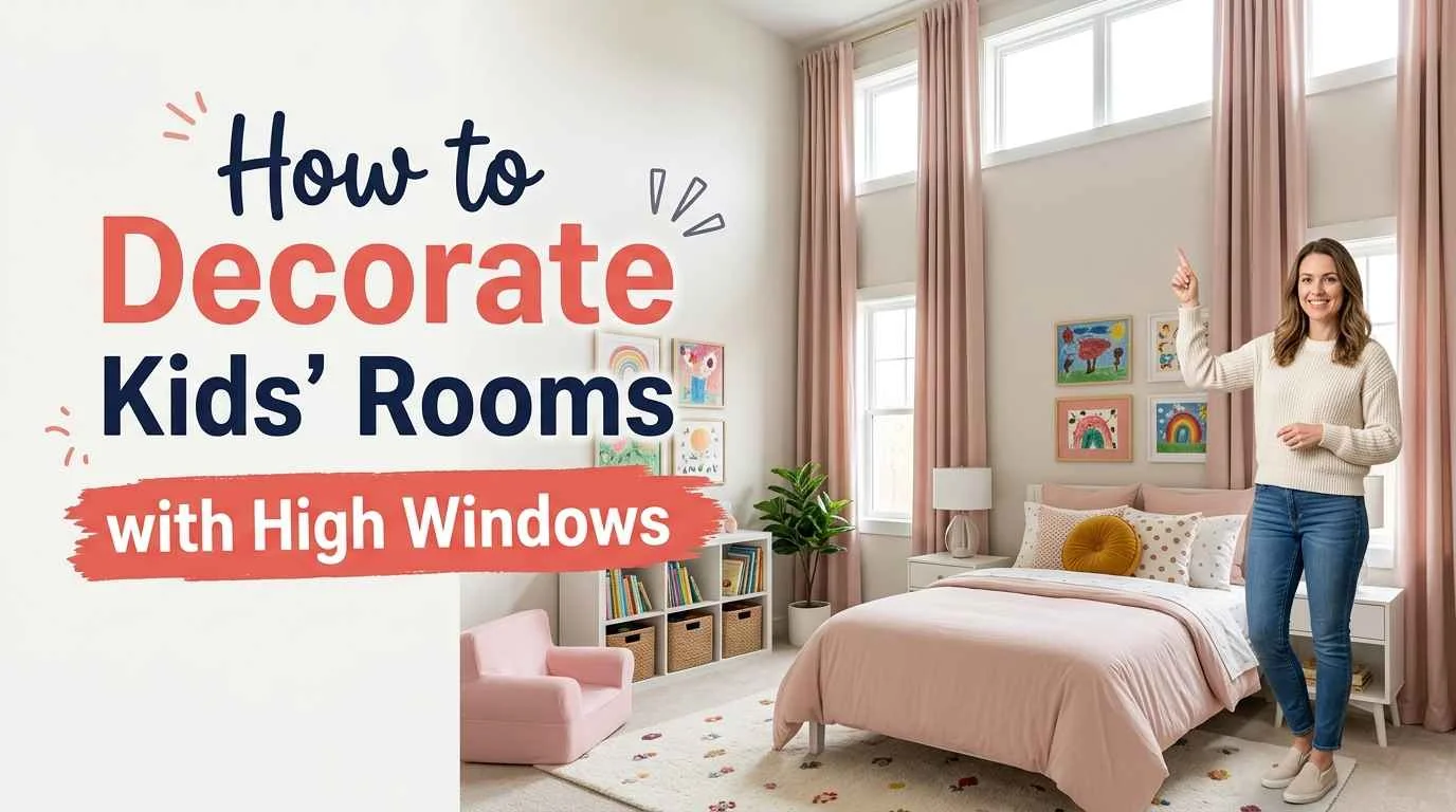 Stylish kids’ room decorating ideas featuring tall windows, floor-length pink curtains, a cozy bed, and colorful wall art