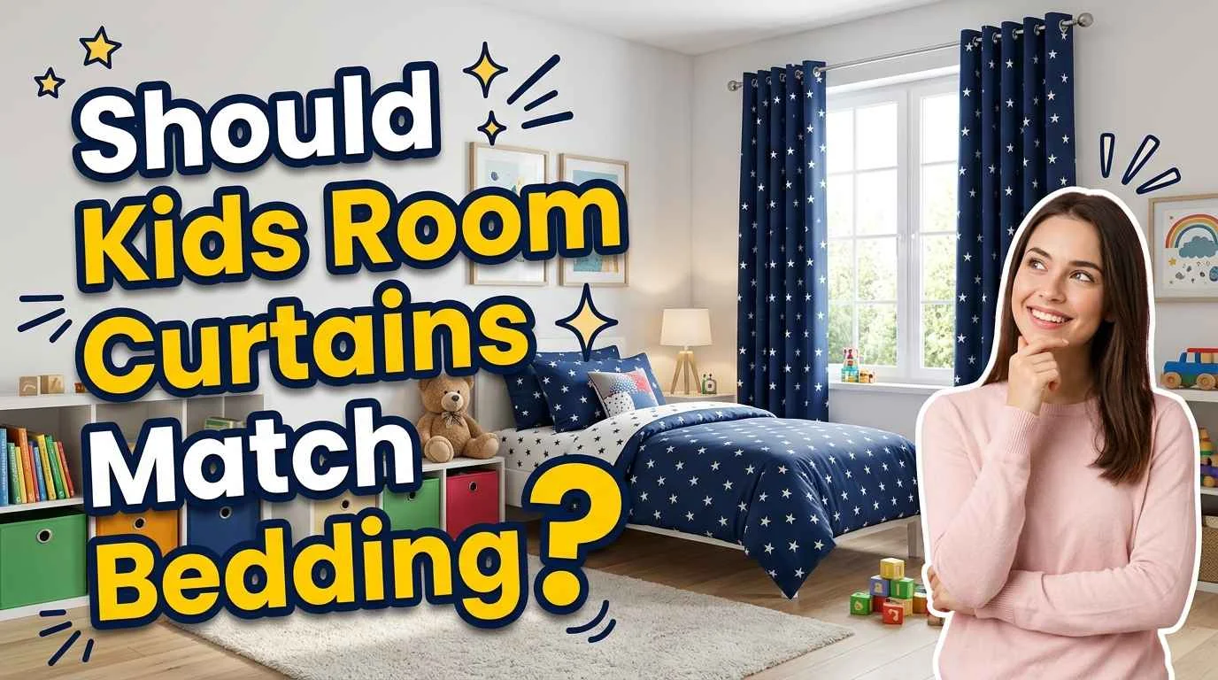 Coordinated kids' bedroom with blue star curtains and matching bedding, showing how to pair children's window treatments with bed linens for a stylish look.