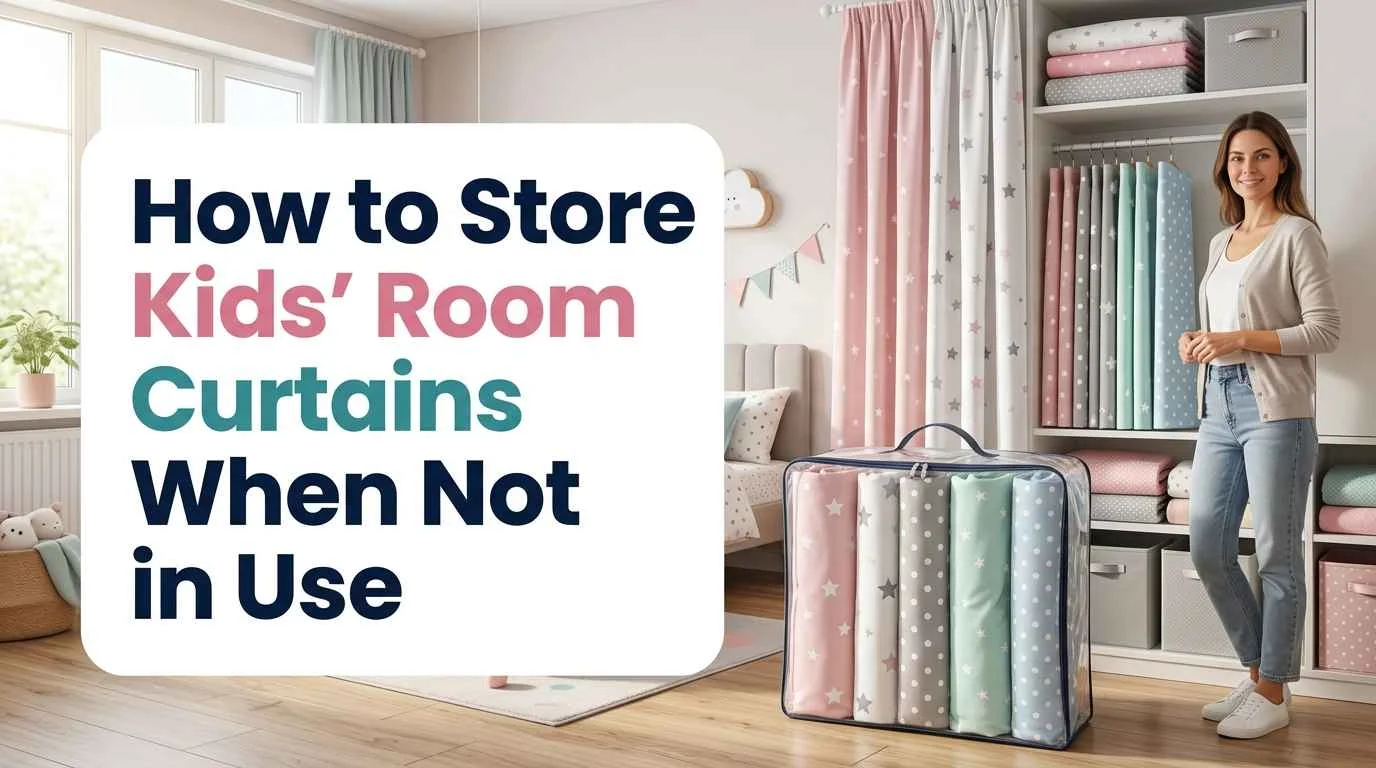 Organizing and storing children’s room curtains neatly in a protective storage bag and closet